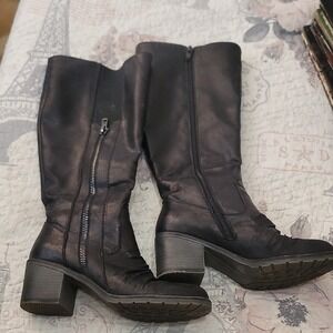 BareTraps Black Leather Mid-Calf Block Heel Boots